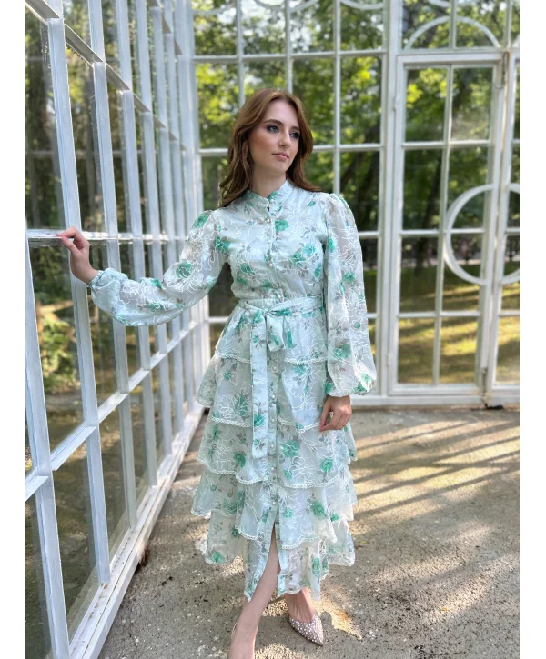 Yeşil Desenli Volanlı Elbise