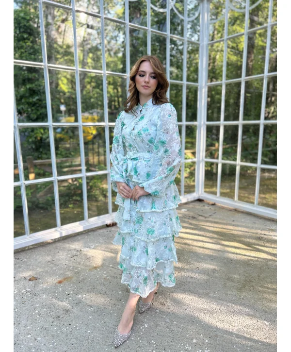 Yeşil Desenli Volanlı Elbise