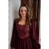Etnik Desen Detaylı Yumuşacık Dokulu Fitilli Kadife Bordo Elbise