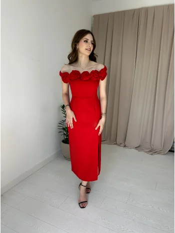 Kırmızı Gül Yaka Detaylı Elbise
