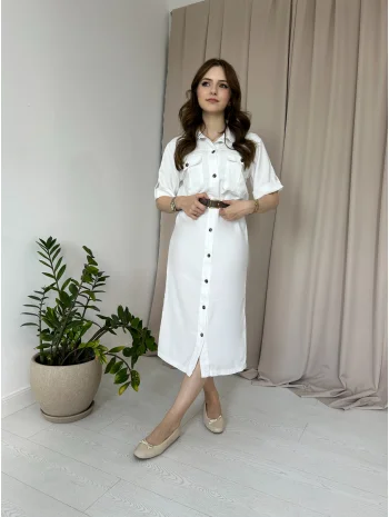 Beyaz Kemerli Gömlek Elbise