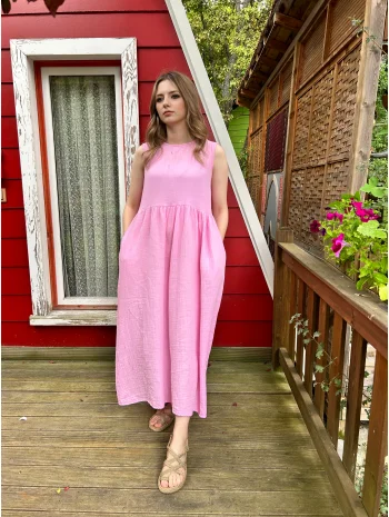 Pembe müslin kumaş maxi boy elbise