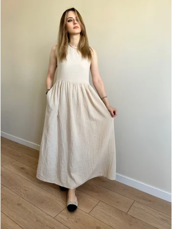 Bej müslin kumaş maxi boy elbise