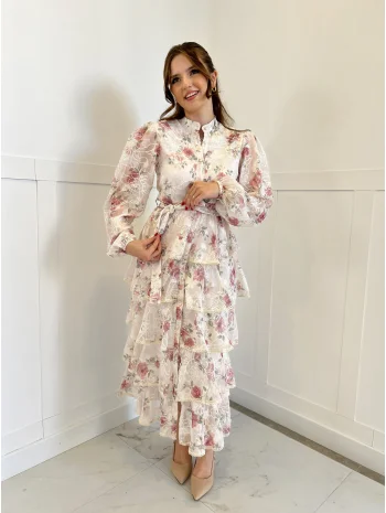 Nakış İşlemeli Pudra Kat Kat Volanlı Elbise