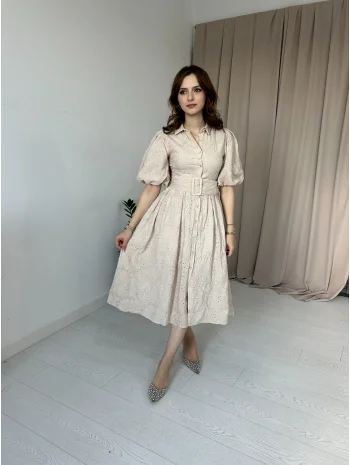 Balon Kol Kemerli Bej Elbise