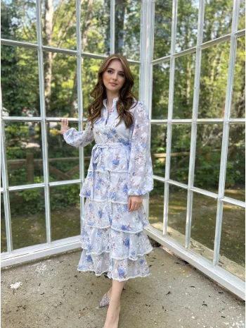 Bebe Mavi Desenli Volanlı Elbise