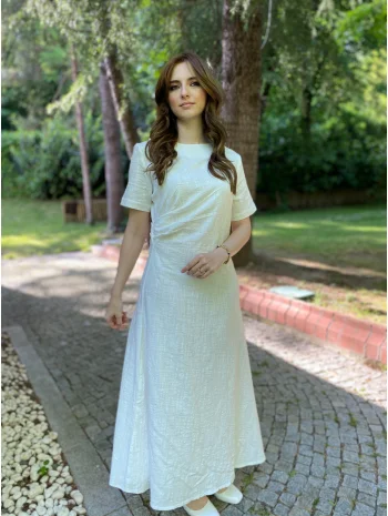 Beyaz Keten Maxi Boy Elbise