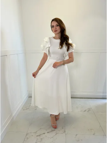 Fırfır Gül Kol Detaylı Beyaz Maxi Boy Elbise