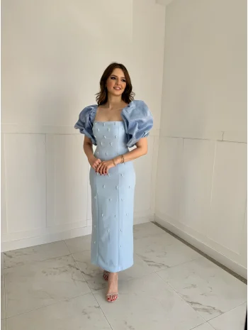 Kare Yaka Maxi Boy Taş Detaylı PERA Mavi Elbise