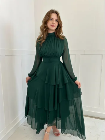 Kat Kat Şifon Zümrüt Elbise