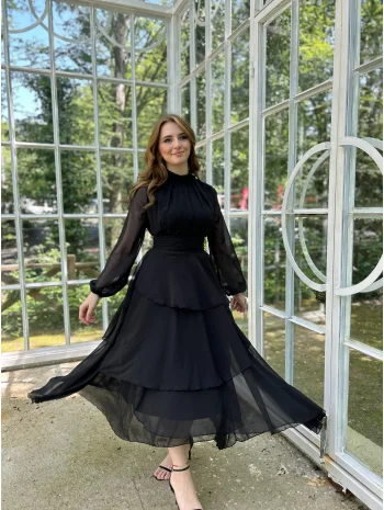 Kat Kat Siyah Şifon Elbise