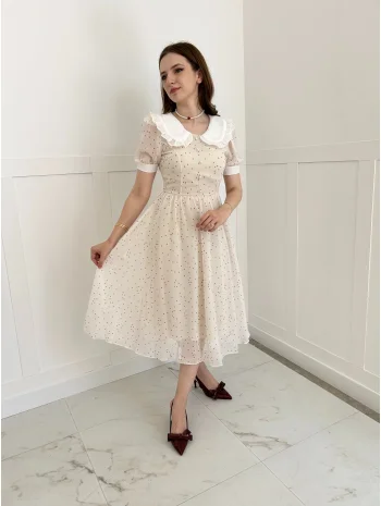 Krem Şifon Kumaş Kalp Desenli Bebe Yaka Elbise