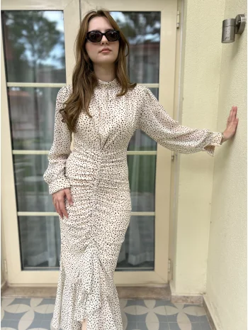 Bej Puantiye Detaylı Şifon Elbise