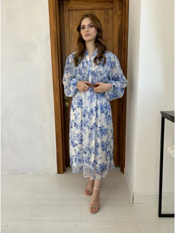 Mavi Çiçekli Kemerli Şifon Elbise