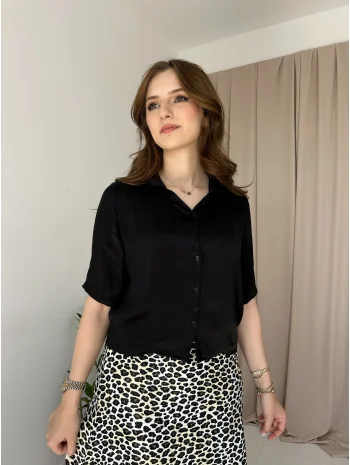 Saten Fakir Kol Siyah Gömlek