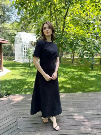 Siyah Keten Maxi Boy Elbise