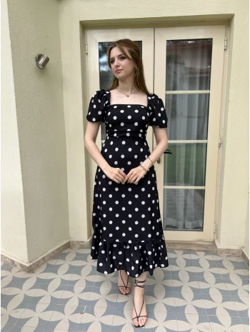 Siyah Renk Beyaz Puantiye Detaylı Vintage Elbise