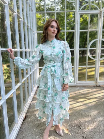 Yeşil Desenli Volanlı Elbise