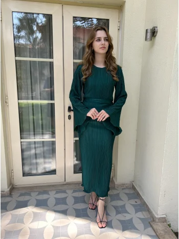 İspanyol Kol Tam Boy Piliseli Zümrüt Elbise