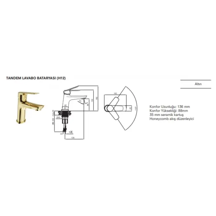 KALE TANDEM LAVABO BATARYASI (H12)GOLD