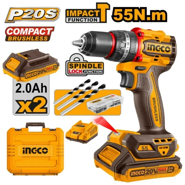 INGCO CIDLI20558E Kömürsüz Li-ion Akülü Darbeli Matkap 13 MM 20V 2.0Ah