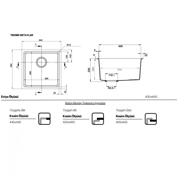 Real Stone Steep 40X40 Siyah Granit Mutfak Eviyesi
