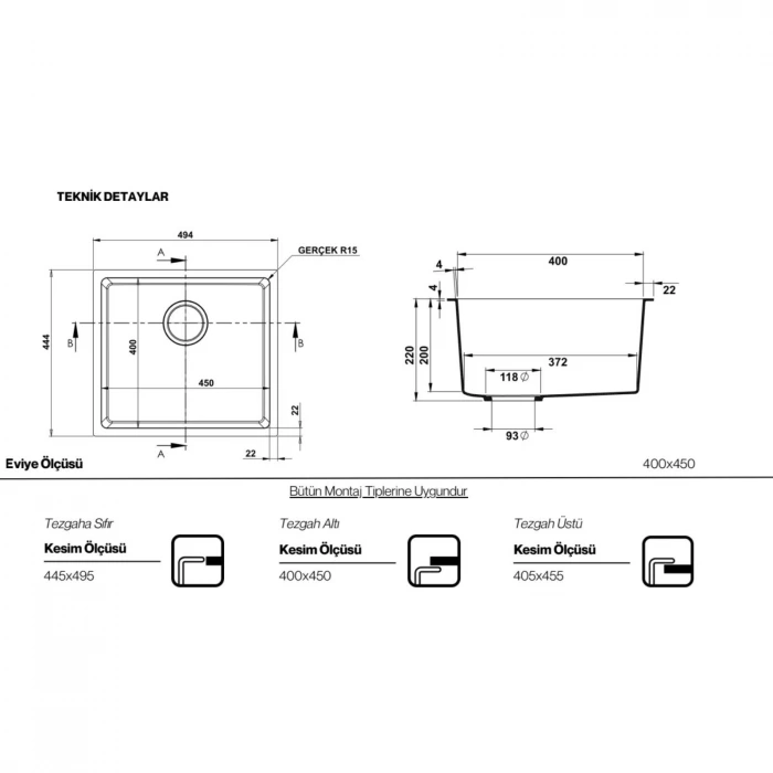 Real Stone Steep 45×40 Gri Granit Eviye