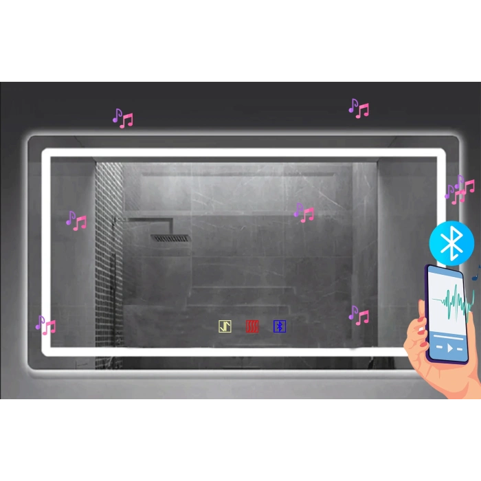 (h)50x70 cm Bluetoothlu Buğu Çözücülü Dokunmatik Işıklı Kumlamalı Banyo Aynası