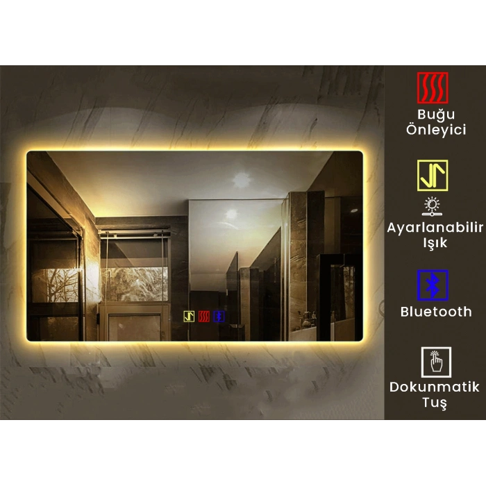 (h)70x100 cm Bluetoothlu Buğu Çözücülü Dokunmatik Işıklı Ledli Banyo Aynası