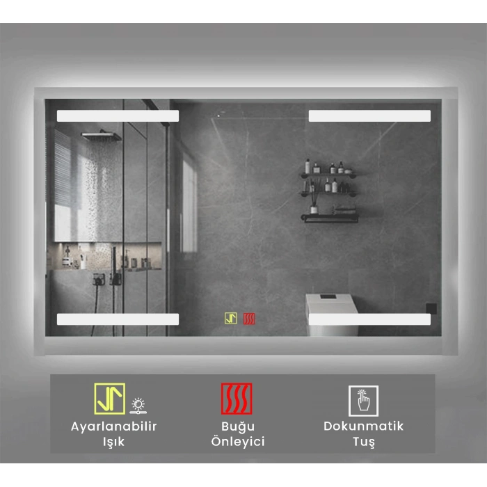(h)70x100 cm Buğu Çözücülü Dokunmatik Işıklı Kumlamalı Banyo Aynası