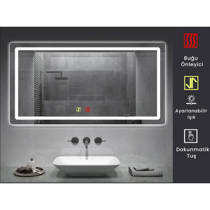 (h)80x100cm Buğu Çözücülü Dokunmatik Işıklı Kumlamalı Banyo Aynası