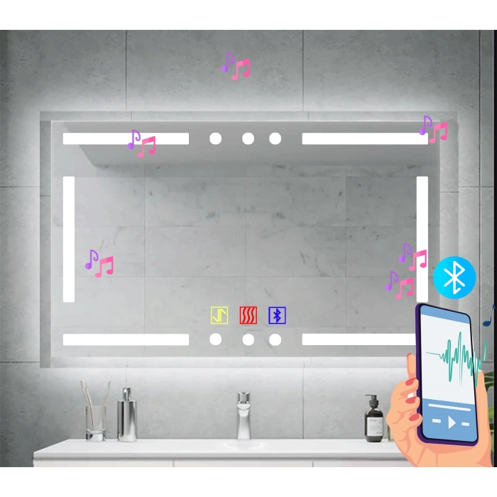 100x70(h) cm Bluetoothlu Buğu Çözücülü Dokunmatik Işıklı Kumlamalı Banyo Aynası