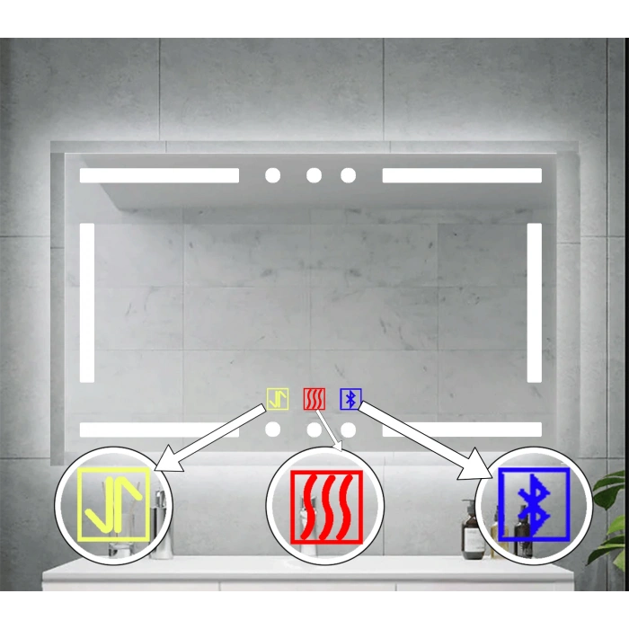 120x80(h) cm Bluetoothlu Buğu Çözücülü Dokunmatik Işıklı Kumlamalı Banyo Aynası
