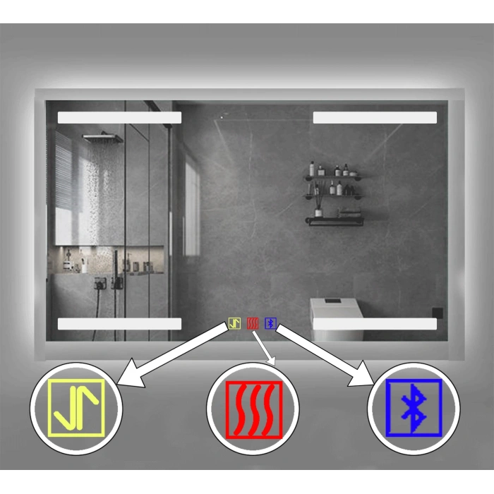 120x80(h) cm Bluetoothlu Buğu Çözücülü Dokunmatik Işıklı Kumlamalı Banyo Aynası