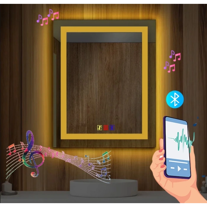 50x70(h) cm Bluetoothlu Buğu Çözücülü Dokunmatik Işıklı Kumlamalı Banyo Aynası