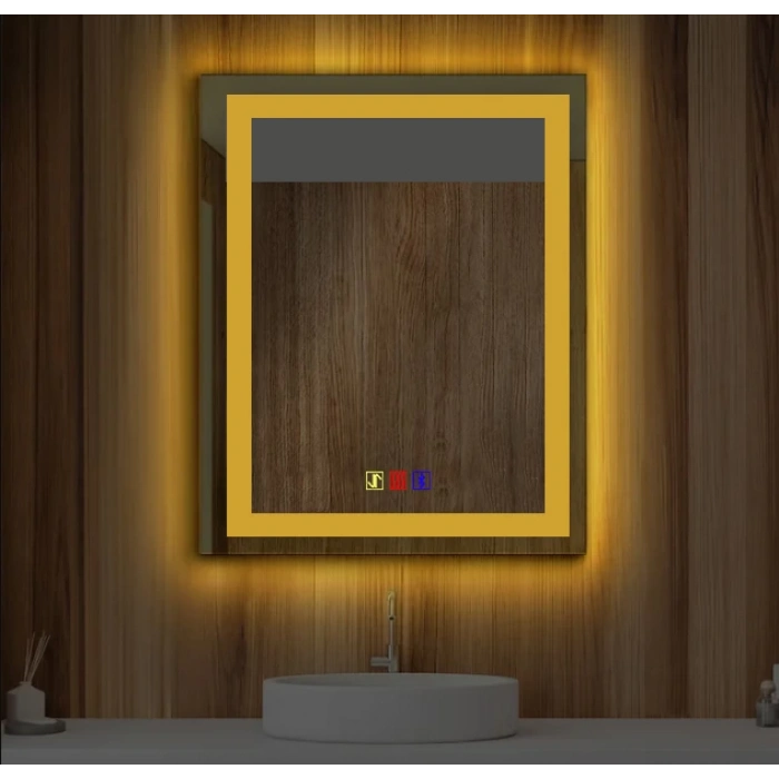 50x70(h) cm Bluetoothlu Buğu Çözücülü Dokunmatik Işıklı Kumlamalı Banyo Aynası