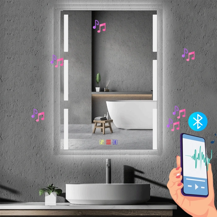 50x70(h) cm Bluetoothlu Buğu Çözücülü Dokunmatik Işıklı Kumlamalı Banyo Aynası