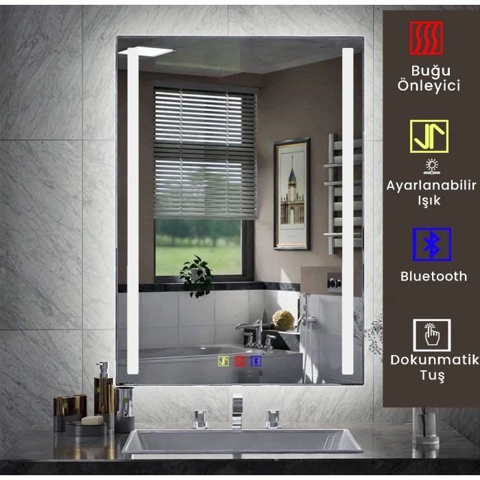 50x70(h) cm Bluetoothlu Buğu Çözücülü Dokunmatik Işıklı Kumlamalı Banyo Aynası