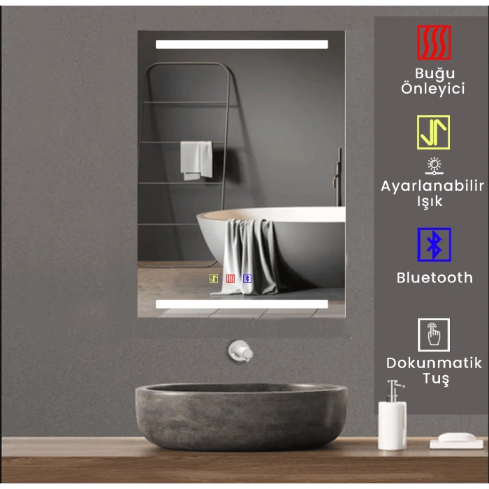 50x70(h) cm Bluetoothlu Buğu Çözücülü Dokunmatik Işıklı Kumlamalı Banyo Aynası