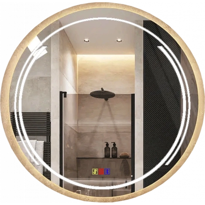 60 cm (çap) Bluetoothlu Buğu Çözücülü Dokunmatik Işıklı Kumlamalı Yuvarlak Banyo Aynası