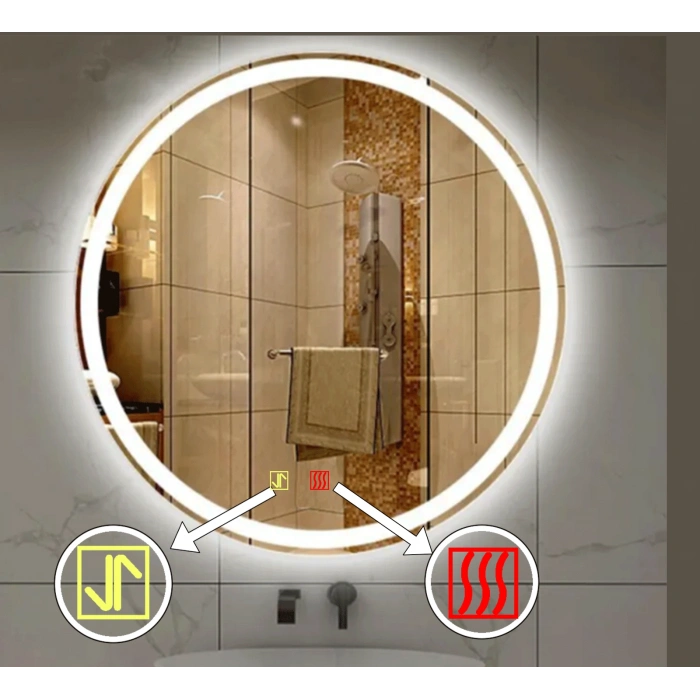 60 cm (çap) Buğu Çözücülü Dokunmatik Işıklı Kumlamalı Yuvarlak Banyo Aynası
