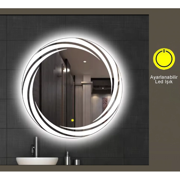 90 cm (çap) Kumlama Ledli Yuvarlak Banyo Aynası