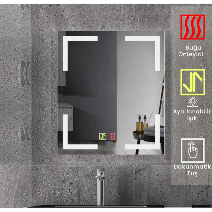 60x80 cm Buğu Çözücülü Dokunmatik Işıklı Kumlamalı Banyo Aynası