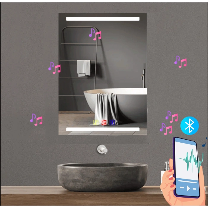 60x80(h) cm Bluetoothlu Buğu Çözücülü Dokunmatik Işıklı Kumlamalı Banyo Aynası