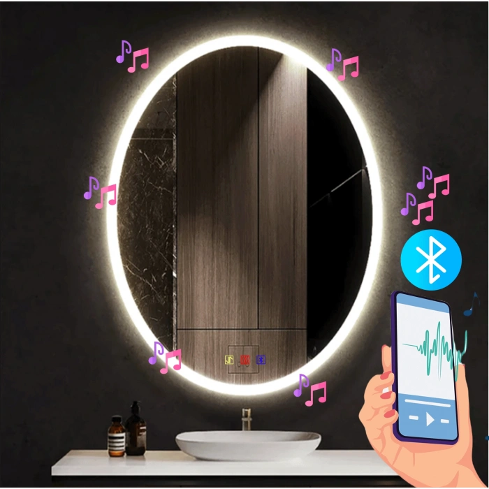 60x80(h) cm Bluetoothlu Buğu Çözücülü Dokunmatik Işıklı Kumlamalı Elips Banyo Aynası