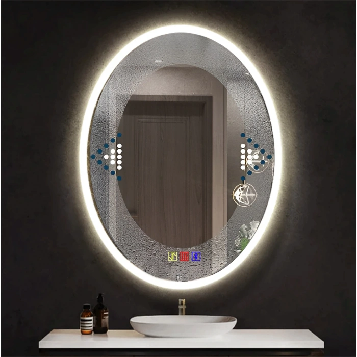 60x80(h) cm Bluetoothlu Buğu Çözücülü Dokunmatik Işıklı Kumlamalı Elips Banyo Aynası