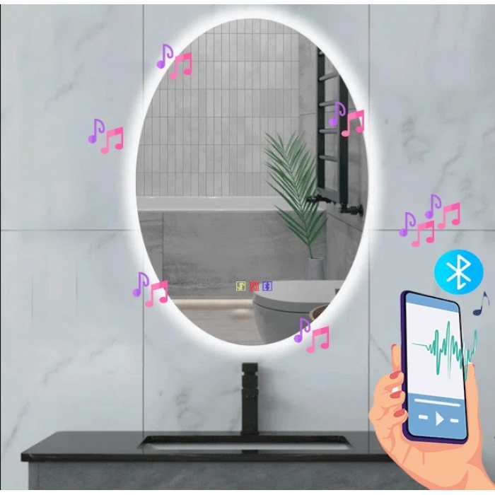 60x80(h) cm Bluetoothlu Buğu Çözücülü Dokunmatik Işıklı Ledli Elips Banyo Aynası