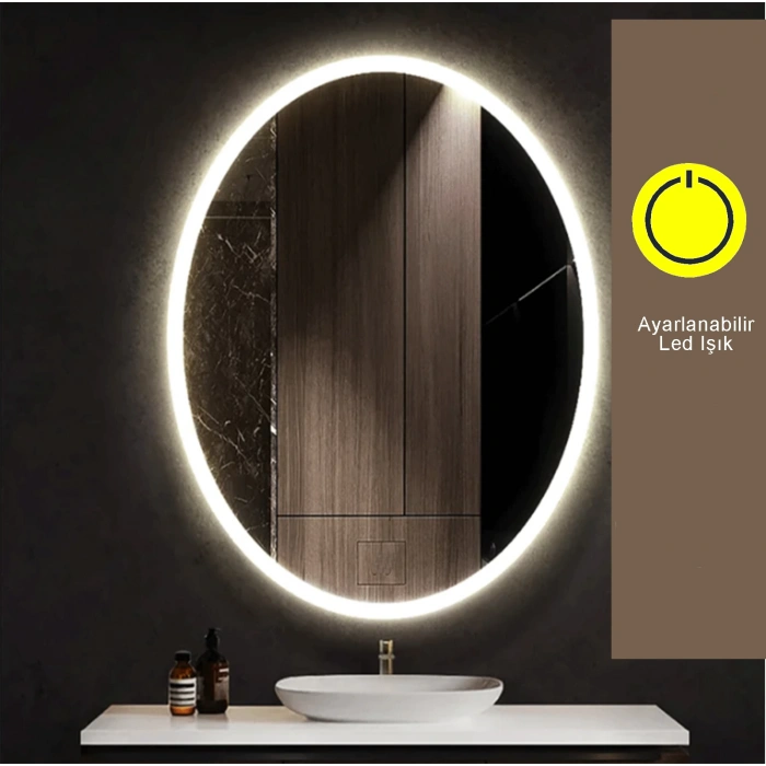 60x80(h) cm Kumlamalı Ledli Elips Banyo Aynası