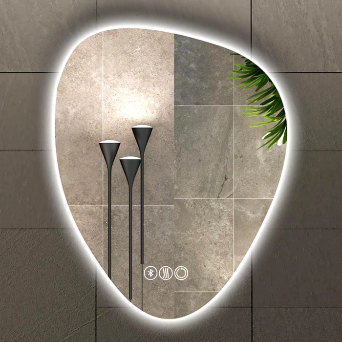 70 x 90 cm Çapında Ledli Bluetoothlu Buğu Önleyicili Dokunmatik Tuşlu Asimetrik Ayna