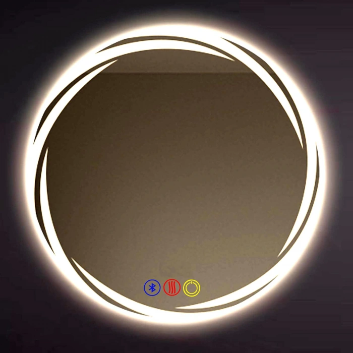 60 cm (çap) Kumlama Ledli Buğu Önleyicili Bluetoothlu Yuvarlak Banyo Aynası